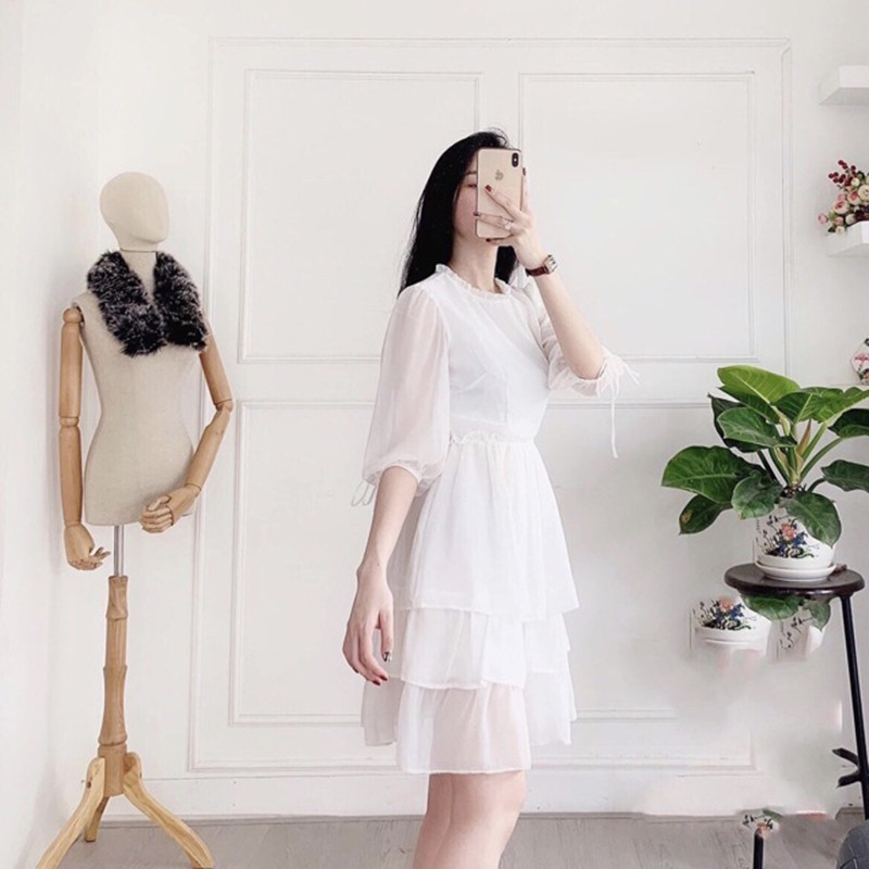 Váy Đầm trắng 3 tầng công chúa du lịch xuân biển tiệc chụp kỷ yếu dự tiệc siêu xinh