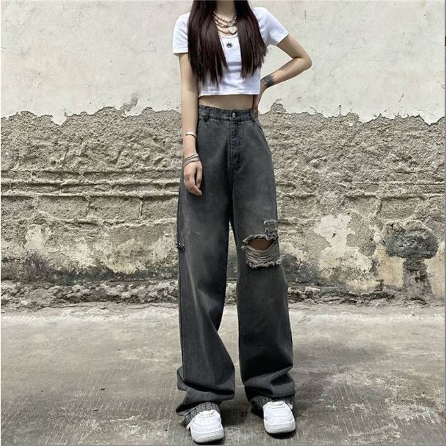 Quần Jean Nữ Ống Rộng Rách Gối Màu Xanh Basic Cạp Cao Hách Dáng Chất Bò Mềm Co Dãn QX03