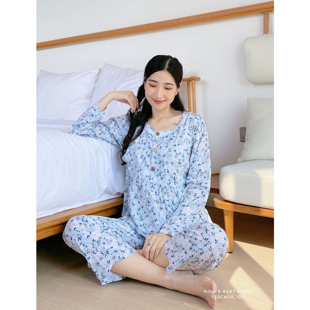 Bộ tôn 2 da thái bầu 2in1 kết hợp sau sinh tay dài cài cúc mặc nhà