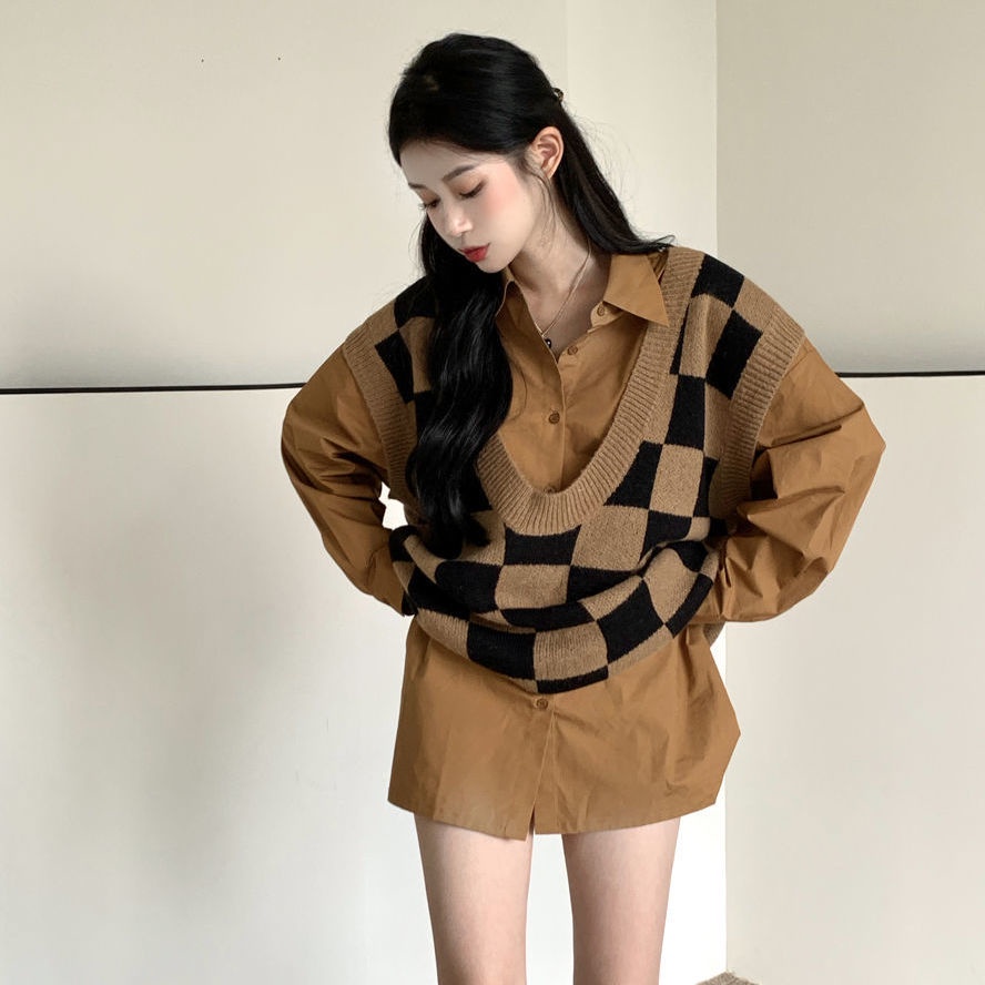 Set áo sơ mi tay dài dáng rộng phong cách retro + áo ghi lê thời trang mùa thu mới 2021 (có bán lẻ)