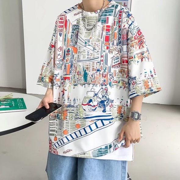 ✦AFFLIGA✦Áo Thun Tay Ngắn Cổ Tròn Dáng Rộng In Họa Tiết Phong Cách Hip hop Thời Trang Mùa Hè Cho Nam Và Nữ