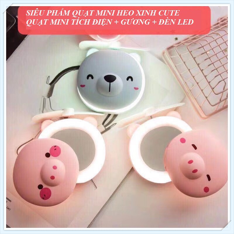 Quạt Kèm Gương Và Đèn Led Hình Heo