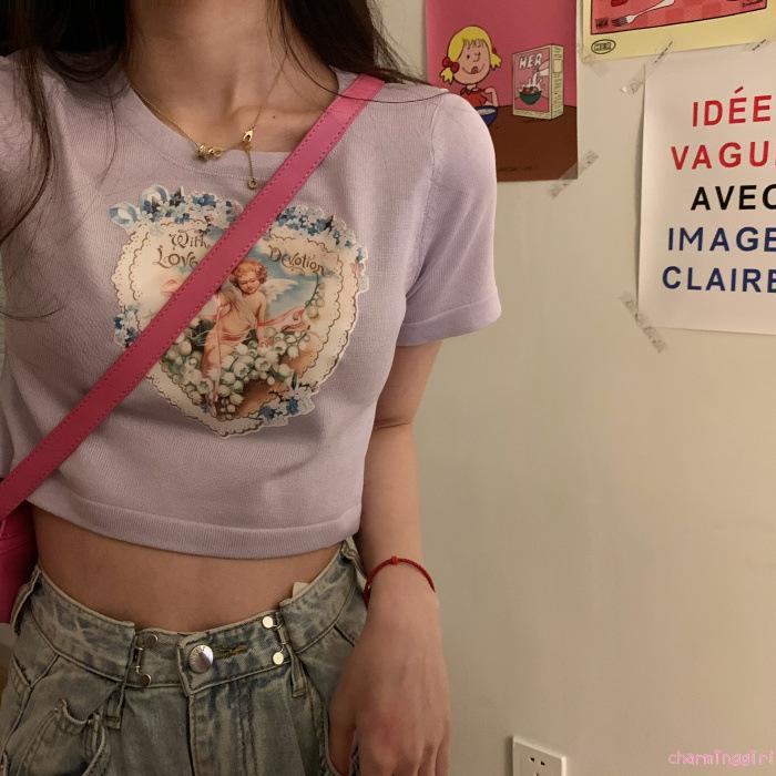 Áo Croptop Tay Ngắn In Hình Thiên Thần Thời Trang Cho Nữ