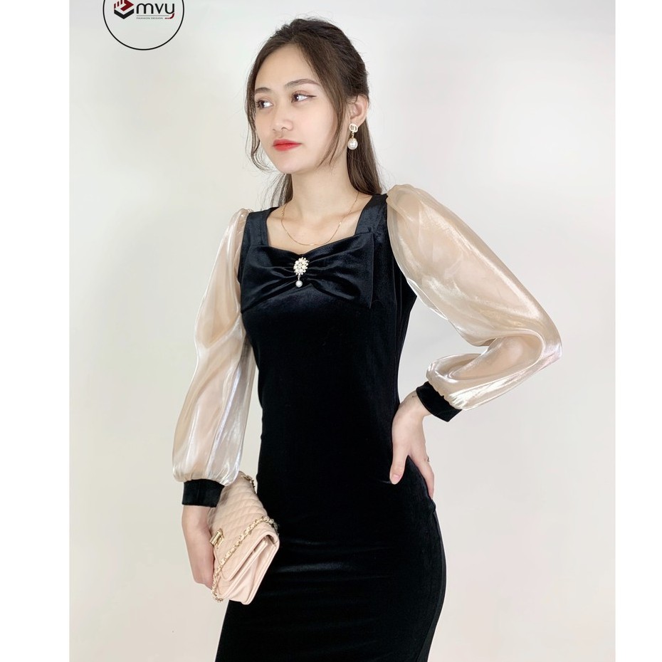 Váy body tuyết nhung tay dài phối tơ Emvy - K11 | BigBuy360 - bigbuy360.vn