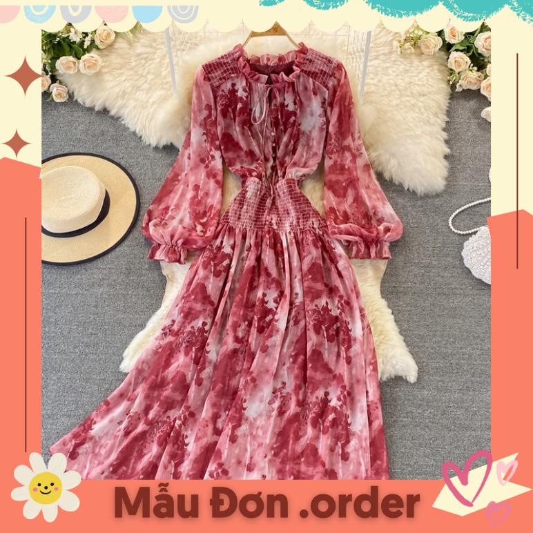 (Mẫu Đơn.order)Đầm tay dài 6 màu dáng đầm xoè lớn cổ áo đứng thanh lịch