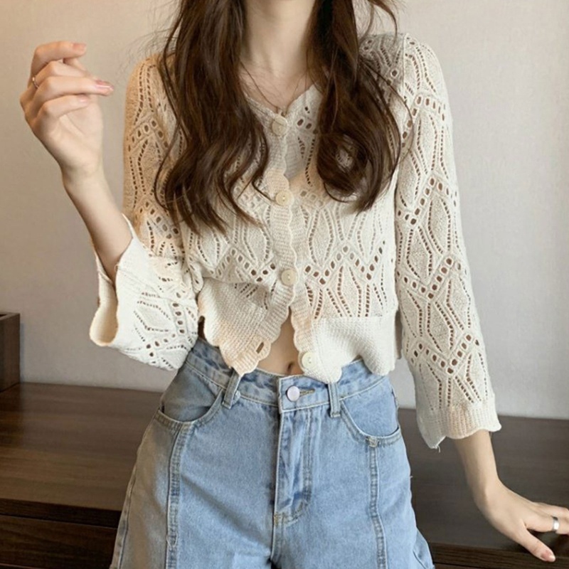 Áo Khoác Cardigan Dệt Kim Tay Loe Dài Họa Tiết Kẻ Sọc Gợn Sóng Thời Trang Cho Nữ
