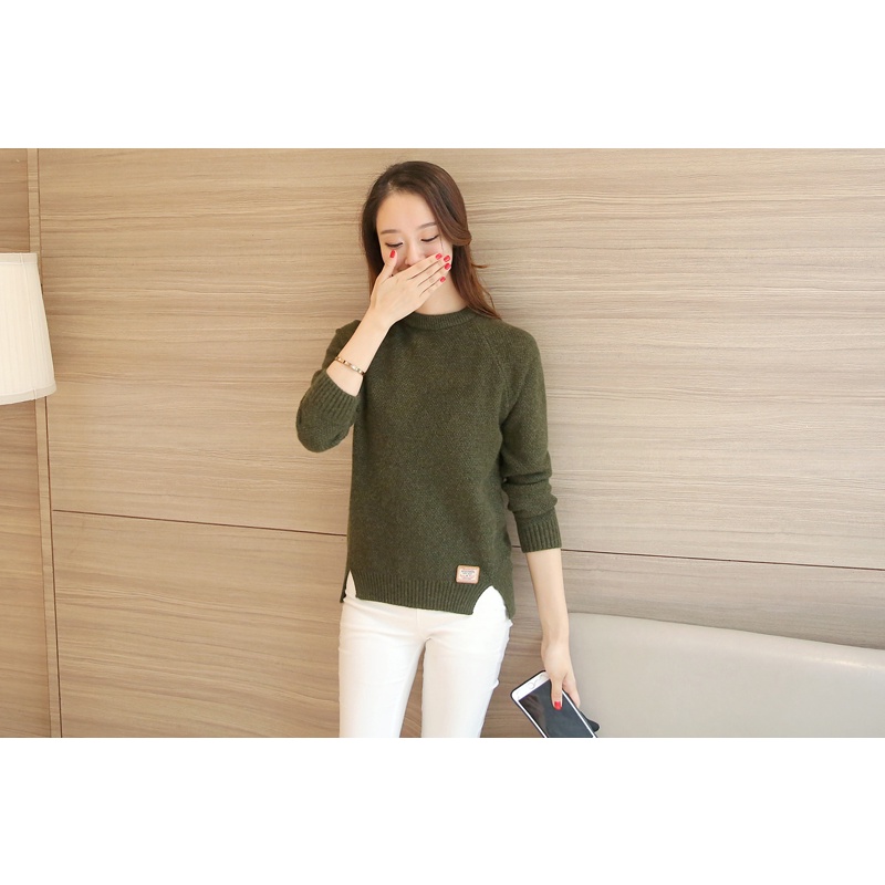 Áo len nữ dài tay cổ tròn ôm xát, thiết kế xẻ tà bên hông