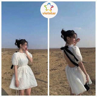 Váy hở lưng cột nơ VIETSTAR đầm tiểu thư trắng siêu xinh