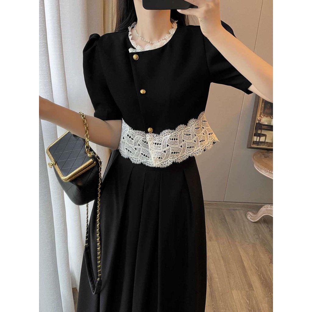 Bộ Áo Đen Dáng Ôm Phối Chân Váy Dài Kiểu retro Pháp Chất Lượng Cao