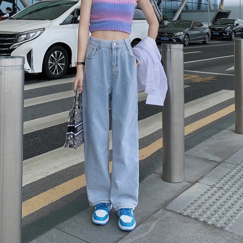 Quần Jeans Nữ Màu Xanh Nhạt Ống Suông Cạp Cao Gài Điều Chỉnh Eo Phong Cách Ulzzang Mặc Đi Học Đi Làm Đi Chơi Basic