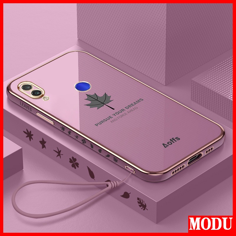 Ốp Điện Thoại Mềm Họa Tiết Lá Phong Dáng Vuông Mạ Màu Sang Trọng + Dây Đeo Cho Xiaomi Redmi Note 7 Pro