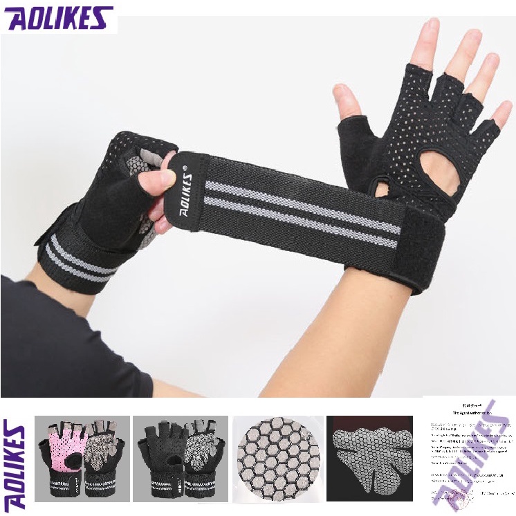 Găng tay tập gym aolikes 113 (1 đôi) bán sỉ, bao tay tập gym hở lưng có cuốn cổ tay, đệm lòng bàn tay chống trượt