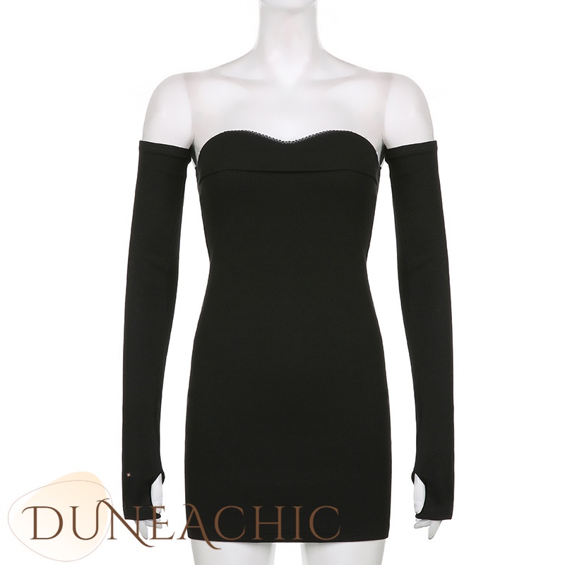 DUNEA Đầm Đen Dài Tay Trễ Vai Phong Cách Quyến Rũ Cho Nữ