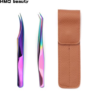 Nhíp nối mi bằng thép không gỉ Vàng cầu vồng Chống tĩnh điện Độ chính xác & Nhíp Hộp lưu trữ Bộ túi da