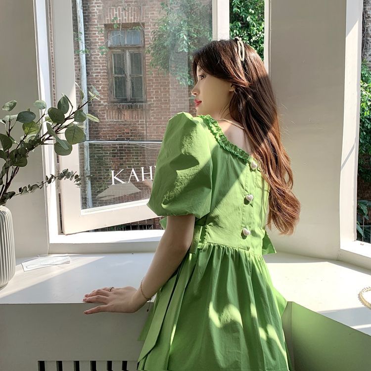 Đầm Tay Phồng Cổ Vuông Thiết Kế Thắt Nơ Eo Mẫu Mới Thời Trang Mùa Hè Theo Phong Cách Hàn Quốc Cho Nữ