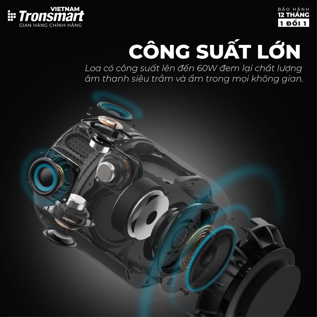 Loa Bluetooth 5.0 Tronsmart Element T6 Max TM-365144 - Công suất 60W Hỗ trợ TWS và NFC ghép đôi 2 loa - Hàng chính hãng