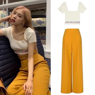 Set croptop hoa + quần tây ống rộng vàng Rosé BLACKPINK