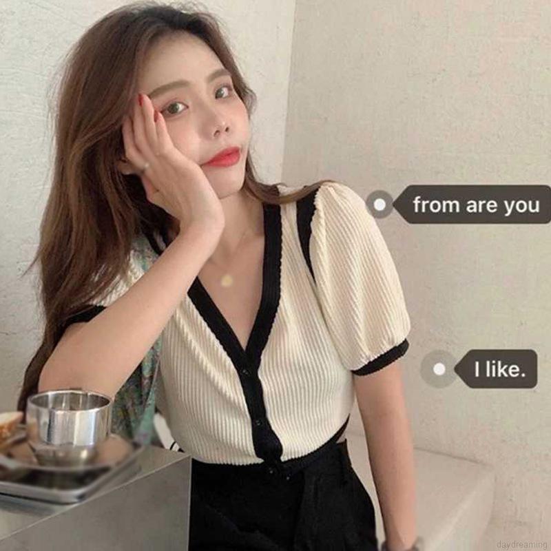 Áo khoác cardigan cổ chữ v tay ngắn phối màu tương phản dễ thương phong cách Pháp