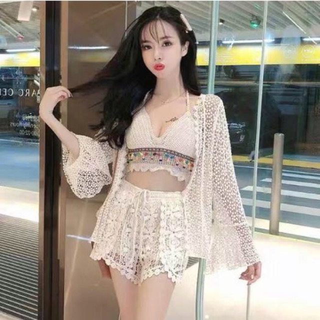 [SẴN] Bikini len móc set 3 món màu trắng ngà | BigBuy360 - bigbuy360.vn
