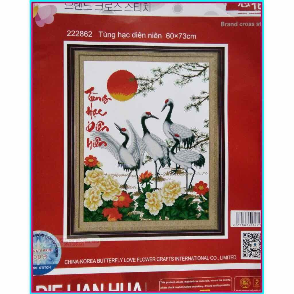 Tranh Thêu Chữ Thập TÙNG HẠC DIÊN NIÊN. Kích Thước: 73cm x 60cm