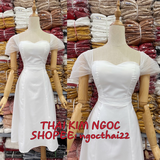 Đầm dự tiệc trắng trễ vai phi phối lưới | BigBuy360 - bigbuy360.vn