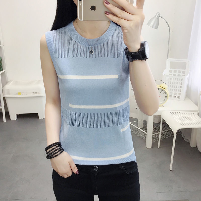 Áo Len Không Tay Họa Tiết Sọc Thời Trang Sành Điệu Cho Nữ