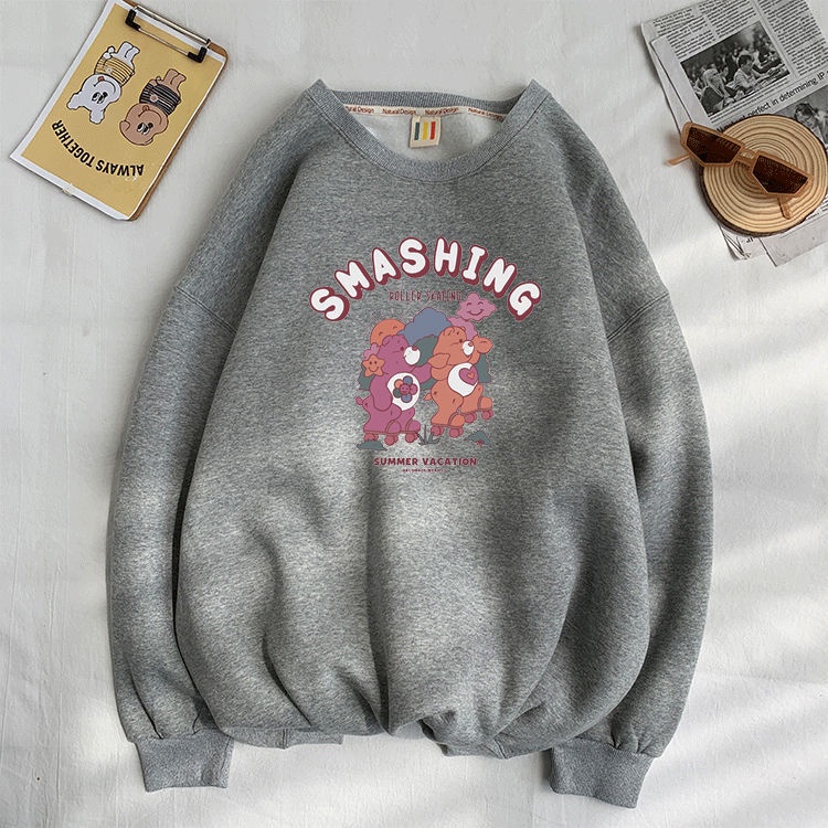 Áo hoodie cổ tròn vải lông cừu dày phong cách đường phố hip hop mới mùa thu đông 2021 cho nữ