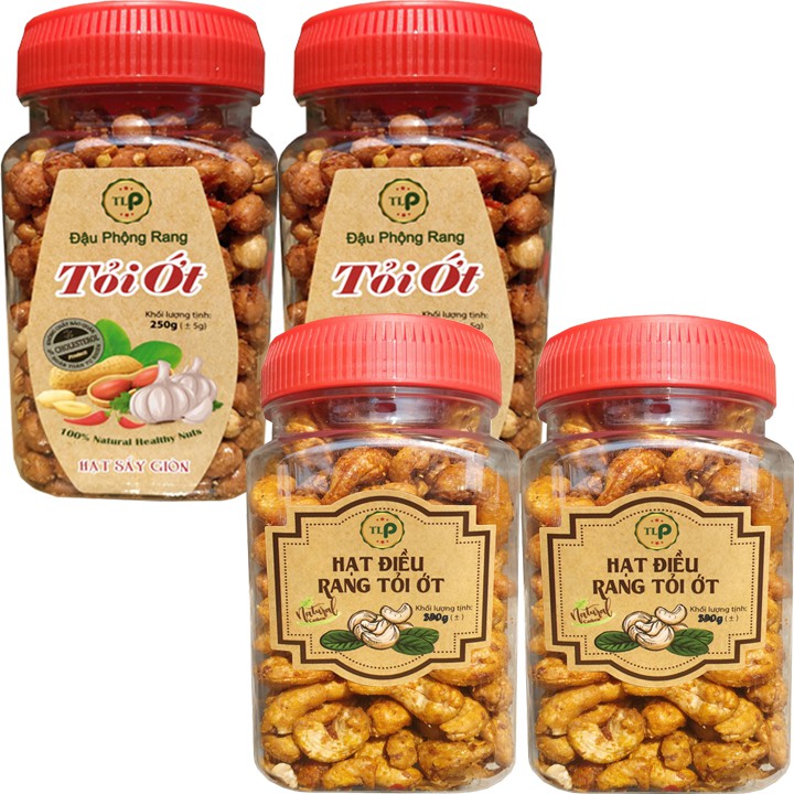 Combo 4 Hũ: 2 Hũ Điều Rang Tỏi Ớt Mỗi Hũ 250G-2 Hũ Đậu Phộng Tỏi Ớt Mỗi Hũ 250G