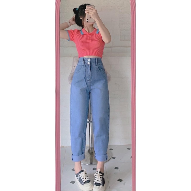 Set baggy jeans 2 nút trơn + crop petter phối viền
