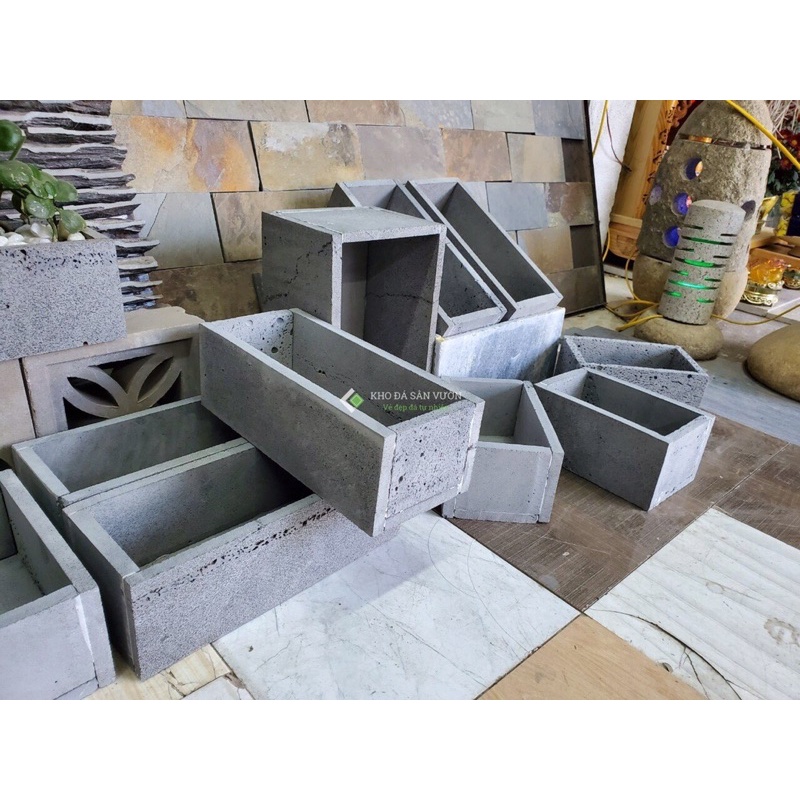Chậu đá chữ nhật kích thước 20x60x20 trồng cây - chất liệu đá ong xám