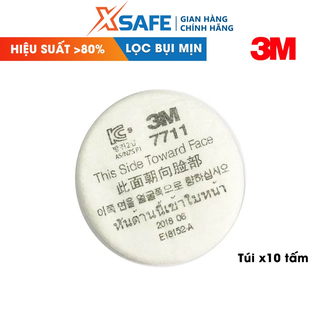 Túi 10 tấm lọc bụi 3M 7711 - Dùng cho các mẫu mặt nạ 1 van 3M 3200/HF52 - Chính hãng 3M - xsafe