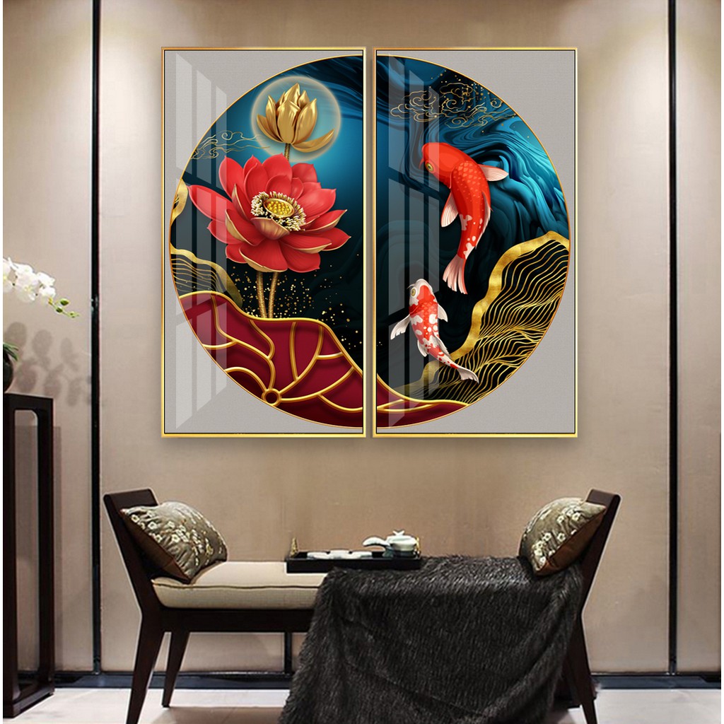 Tranh bộ 2 trang trí nhà hàng chay Đôi cá Koi bên Hoa sen phong cách Nhật tuyệt đẹp bóng kiếng hoặc vải canvas BK_2_0003