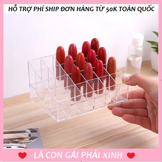 Khay kệ kiểu hộp đựng son 24 ô chứa được mỹ phẩm nhỏ cùng cọ trang điểm chất liệu Mika trong suốt