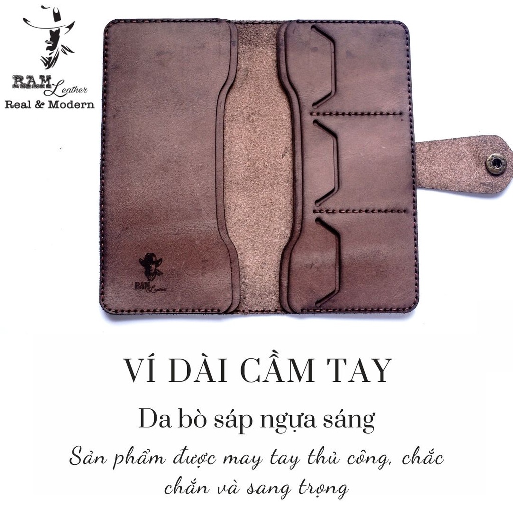 Ví dài RAM Leather cầm tay da bò sáp ngựa nâu sang trọng