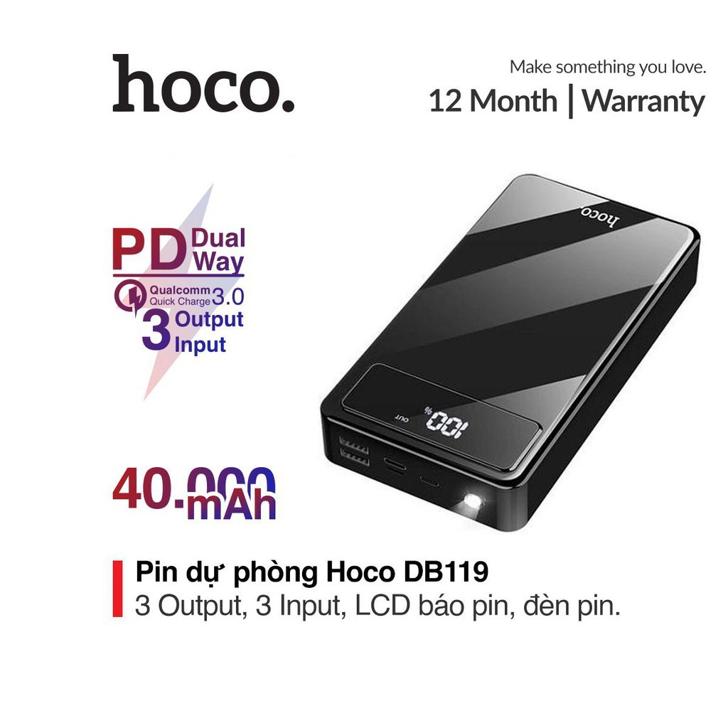 Pin dự phòng sạc nhanh 40000mAh Hoco DB119 trang bị 2 cổng Usb tích hợp đèn pin và màn hình LCD