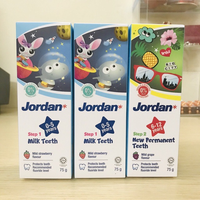 Kem Đánh Răng Jordan Trẻ Em Vị Dâu Tây &amp; Vị Nho 75g (0-5 Tuổi,6-12 Tuổi)