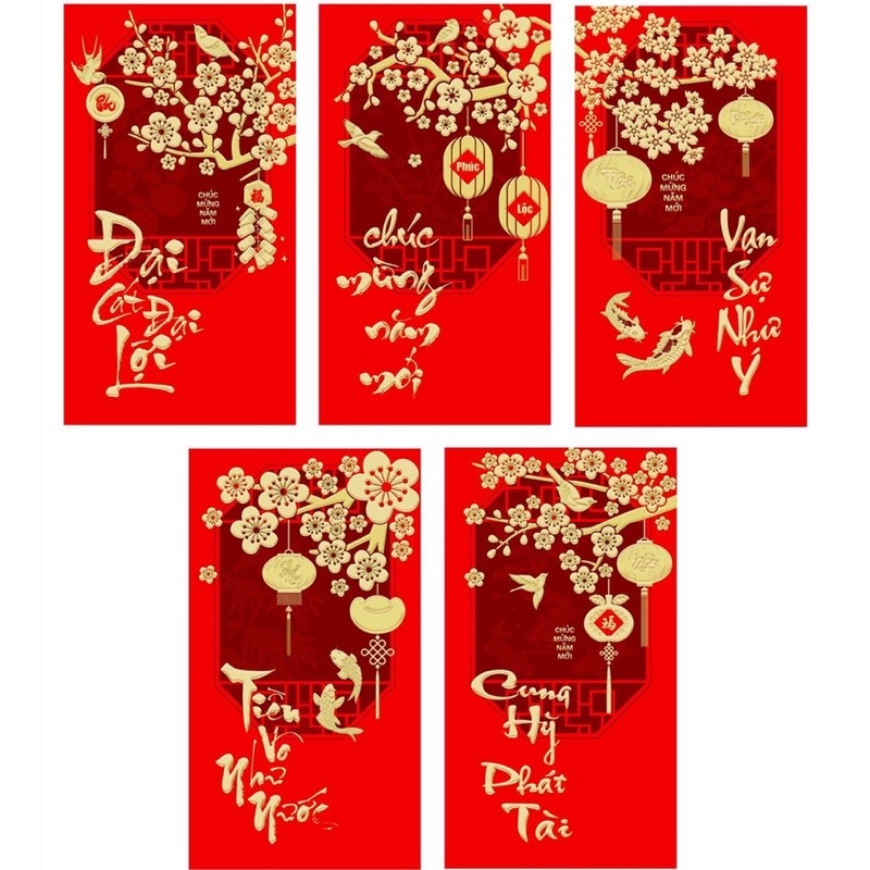 6 bao lì xì đỏ, lixi tết in chữ nổi 3D truyền thống