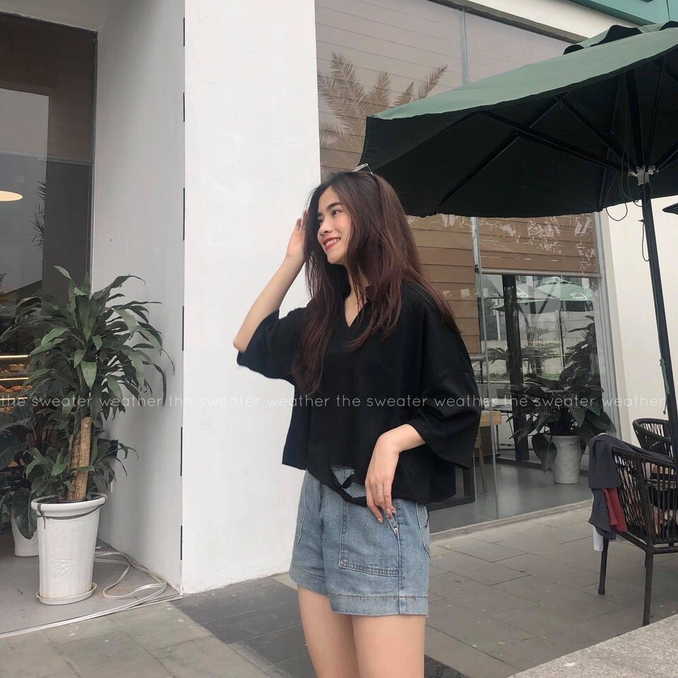 ÁO CROPTOP TRƠN CỔ V RÁCH BASIC