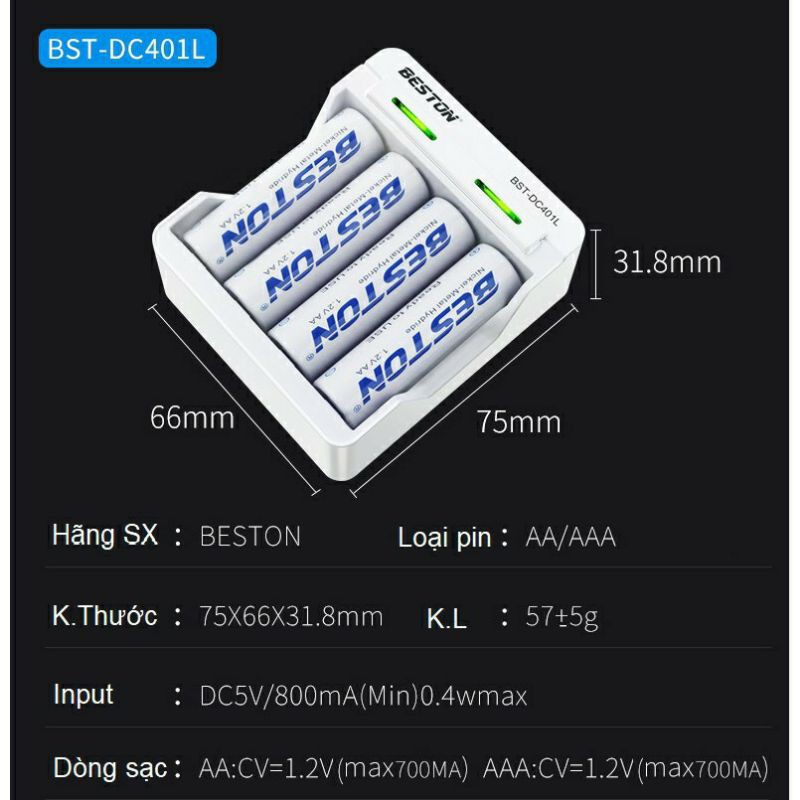 Pin sạc BESTON AA AAA kèm sạc tự ngắt khi đầy, tái sử dụng nhiều lần, tốc Độ Cao Led báo trạng thái sạc (BẢO HÀNH 1 NĂM)