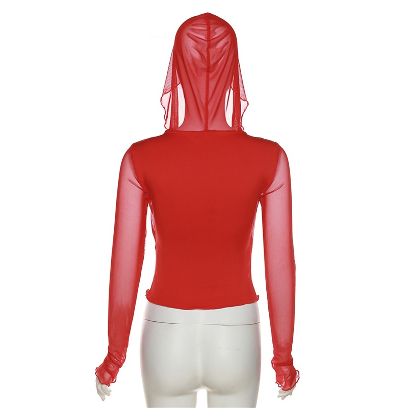 Sexy Women's Hood Hollow Lace Up Mesh Long Sleeve Street Shirts