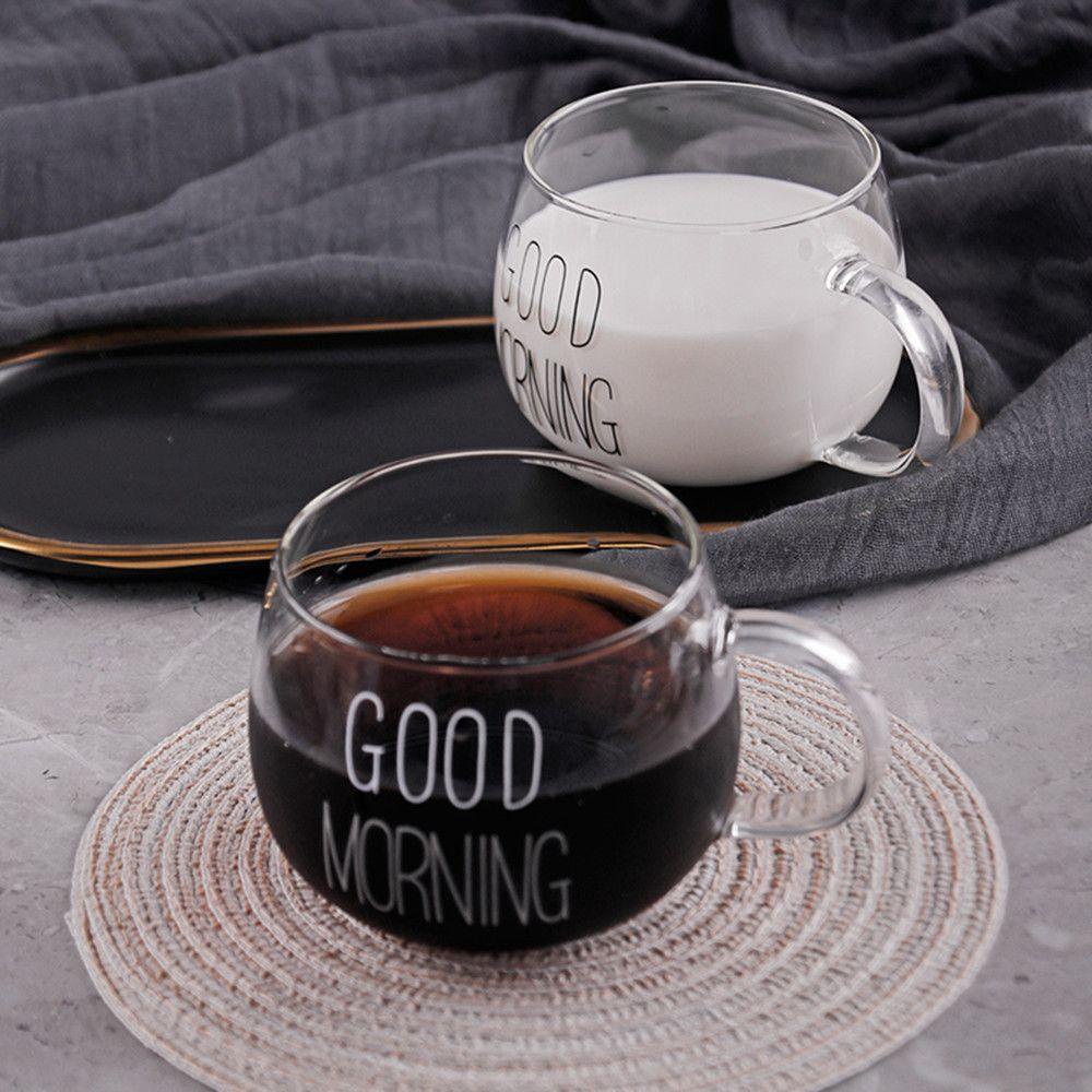 ♫DAPHNE♫ Drinkware Clear Mug Cup Empty Good Morning Milk Coffee Glass Breakfast Transparent Round Letter Printing Tea Juice with Handle