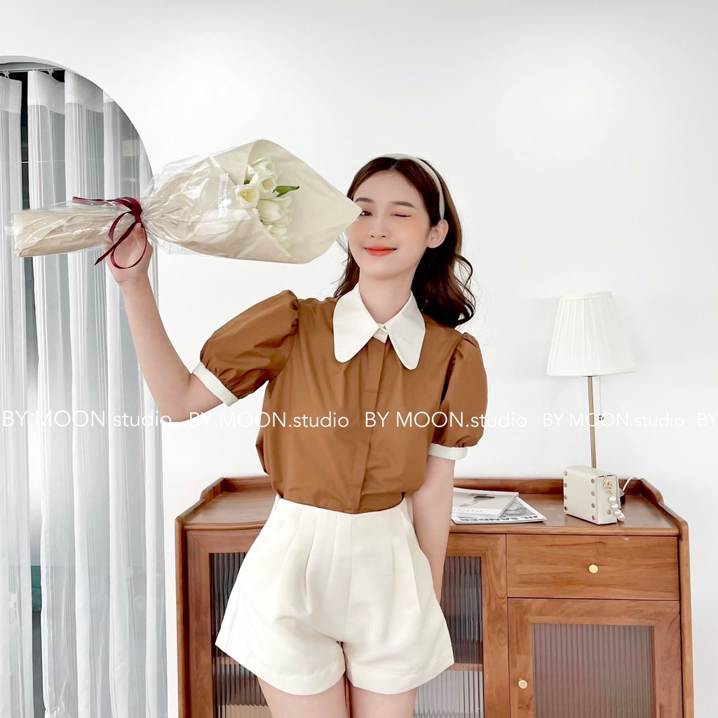 Áo sơ mi kiểu tay bồng tiểu thư thiết kế BY MOON - ảnh thật A009