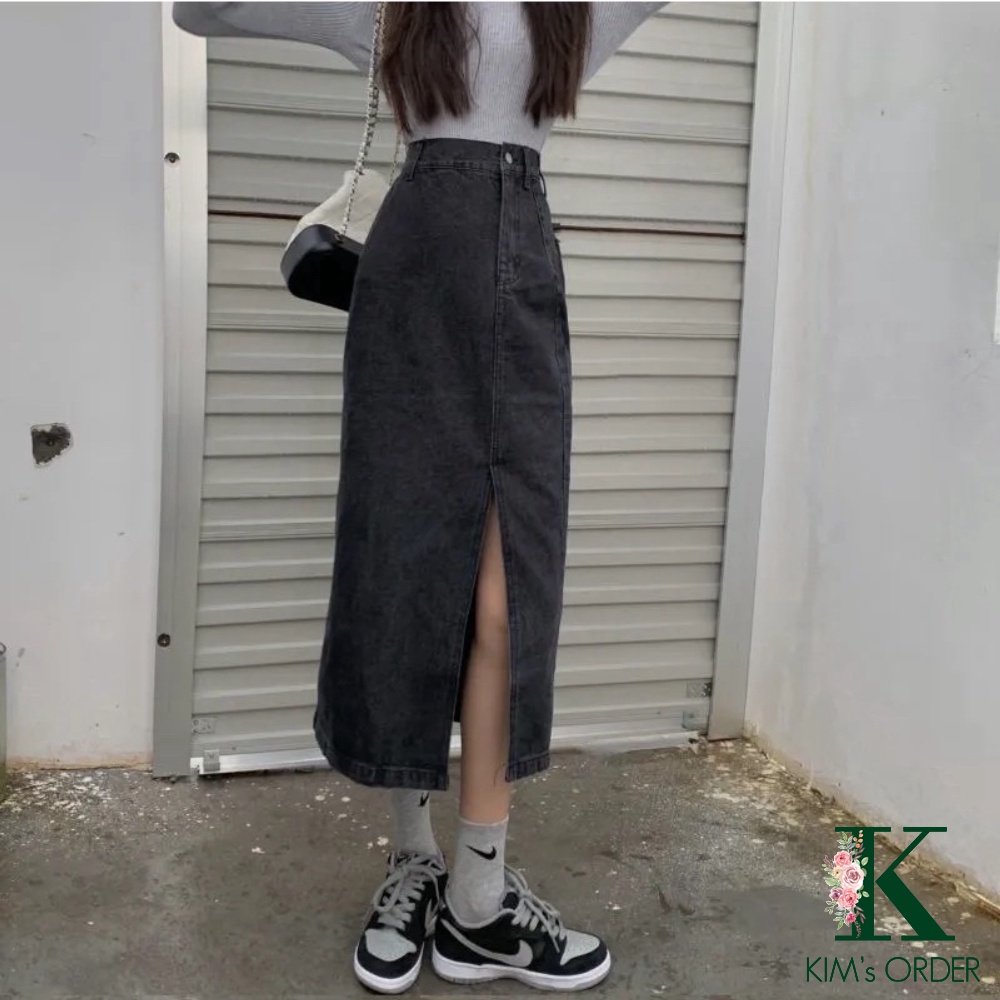 Chân váy bò Denim nữ màu xanh đậm và đen chất Jeans dáng dài xẻ tà cạp lưng cao hàng Quảng Châu phong cách Ulzzang Hàn