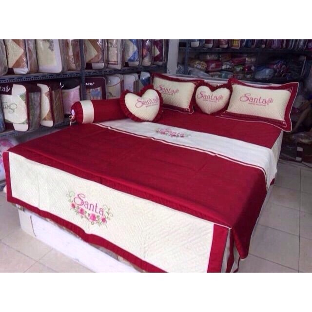 Trọn bộ ga phủ Satin 7 món gối trái tim