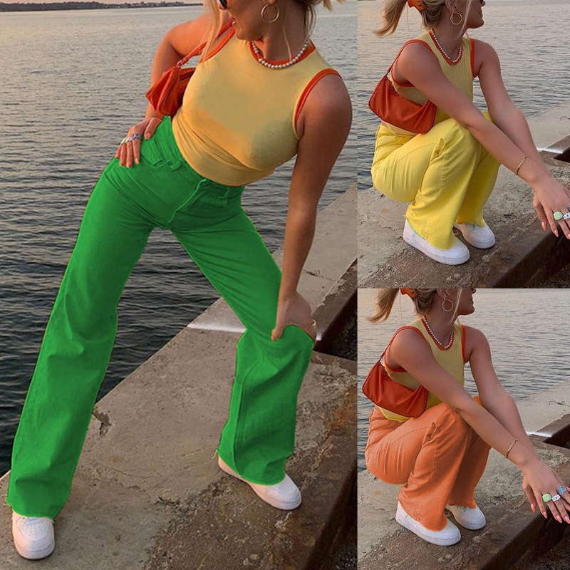 Quần jean lưng cao ống rộng màu sắc vintage dành cho nữ