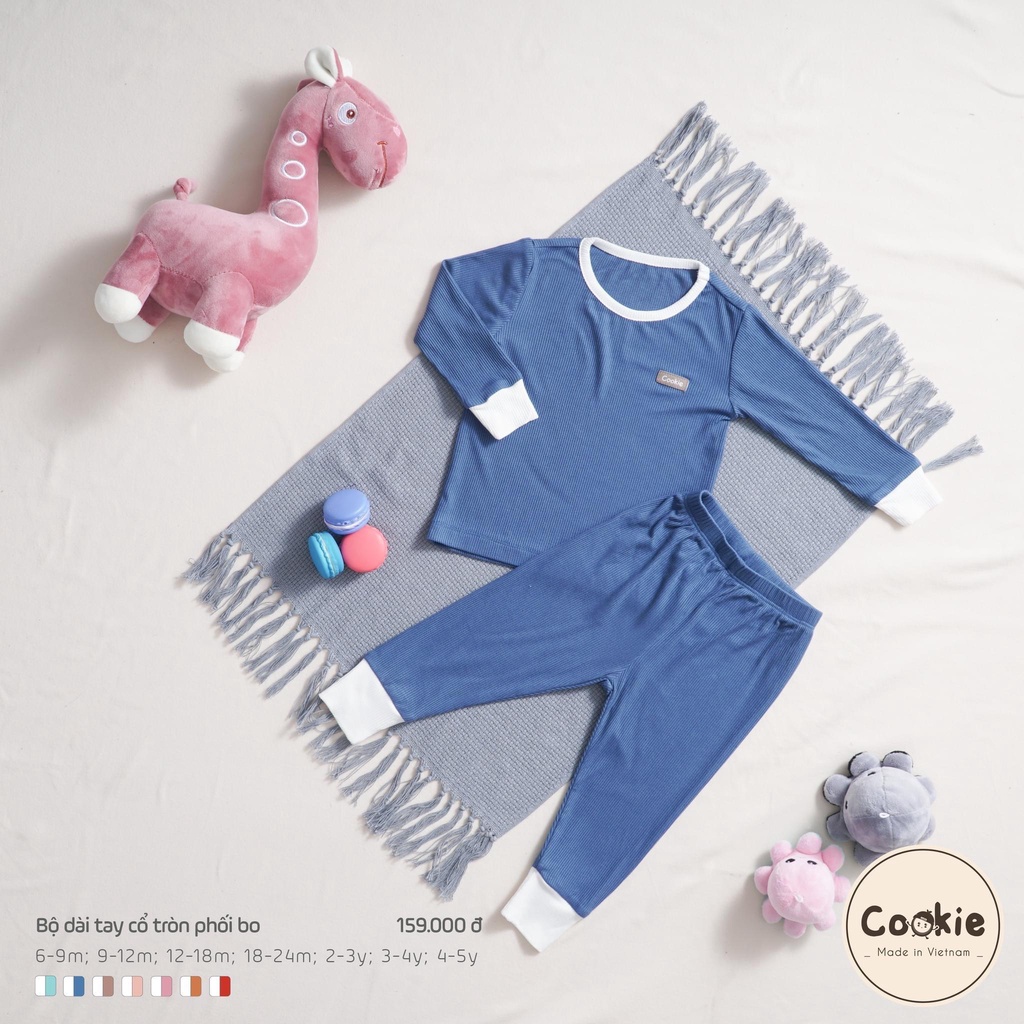 COOKIE Bộ dài tay cổ tròn phối vải tăm tone màu Hàn quốc dễ thương