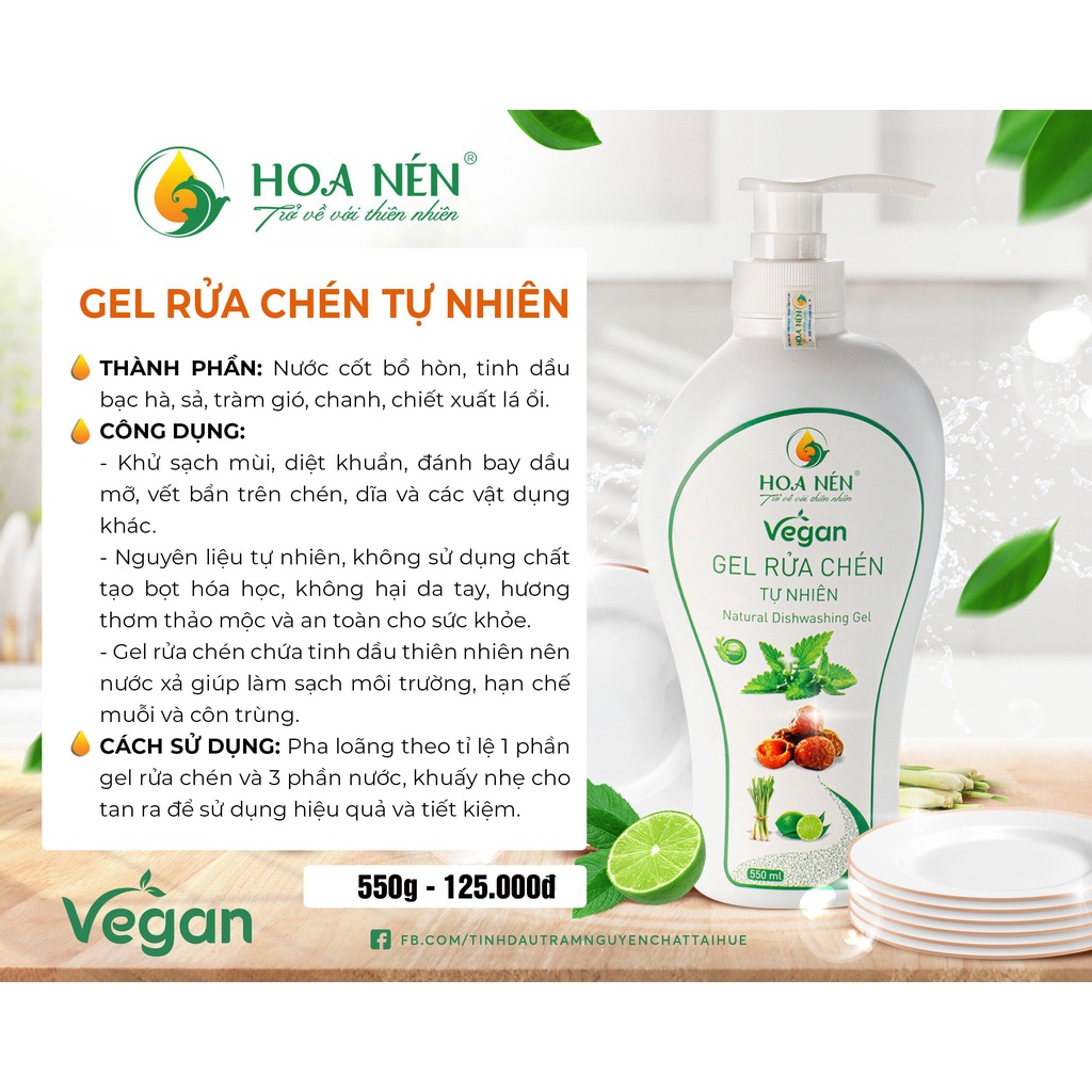 Nước rữa chén thiên nhiên Hoa Nén 550ml - Thành phần tự nhiên, không chất tẩy rữa - An toàn tuyệt đối cho da tay