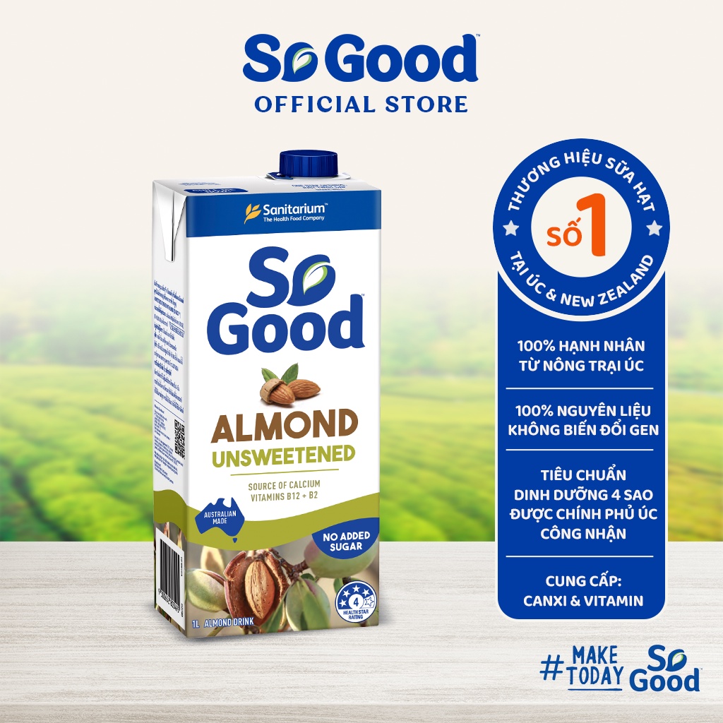 Sữa hạt hạnh nhân không đường SO GOOD 1L bổ sung canxi và vitamin không gây tăng cân, phù hợp người ăn kiêng đường