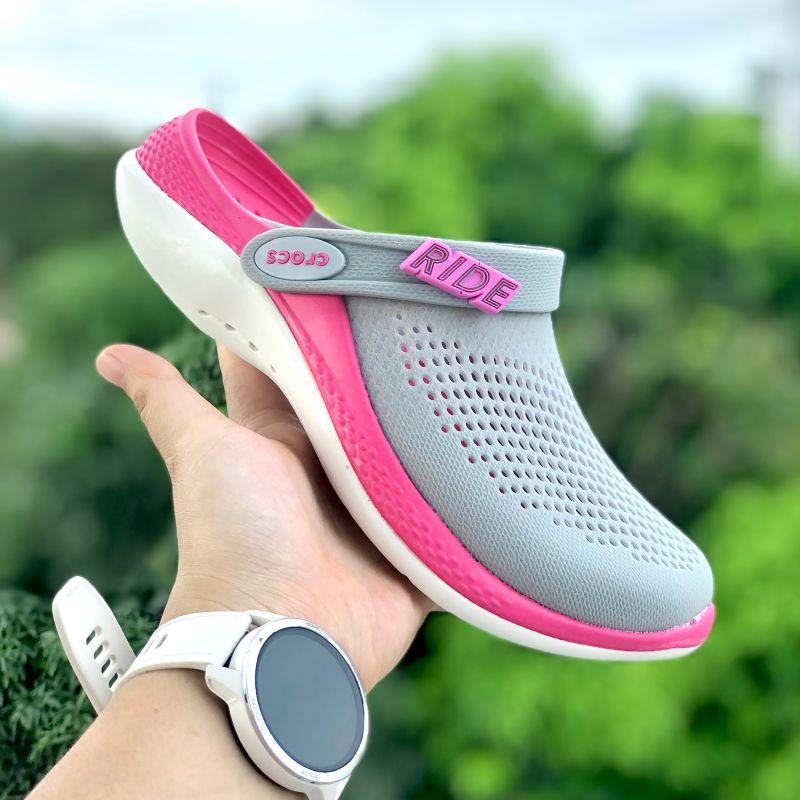 Dép Cross Literide 360 🎁 FREESHIP + Hàng loại 1 + Hộp 🎁 giày sục sandal Crocs quai ngang bít đầu nam nữ, Xám lót hồng