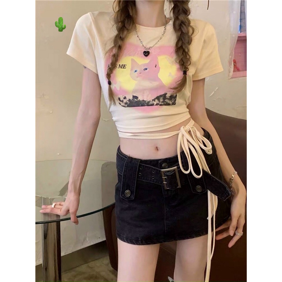 Áo kiểu croptop màu nude in hình mèo hồng quần dây eo cực xinh , chất thun bozip mềm mịn
